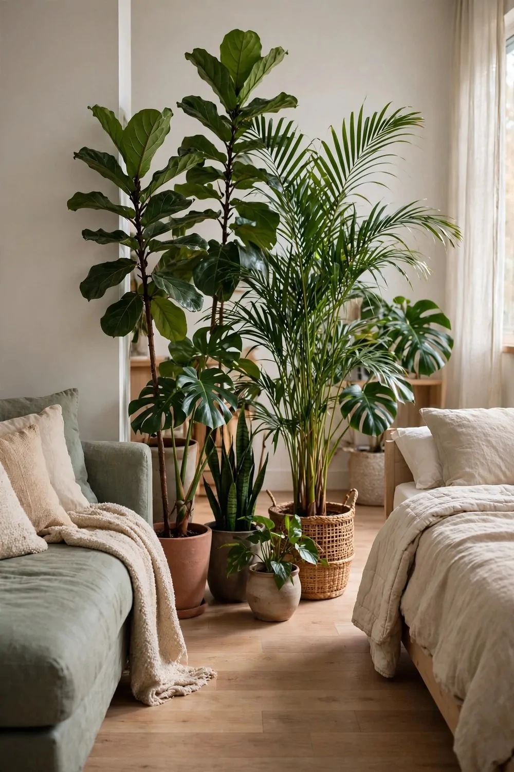 Tall leafy houseplants in pots dividing a studio into a sofa side and a bed corner