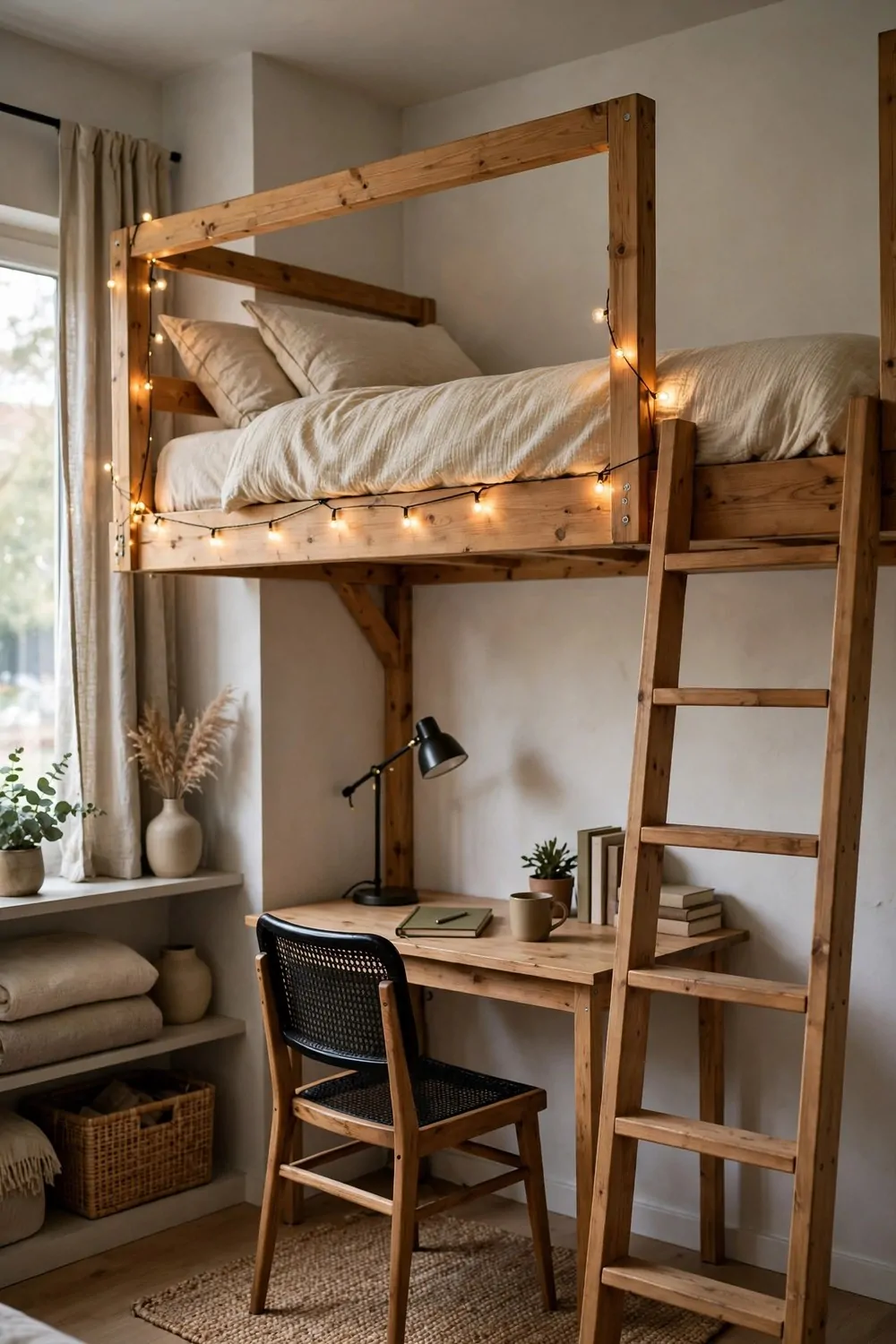 A loft bed with a small desk and chair underneath, a wooden ladder and string lights