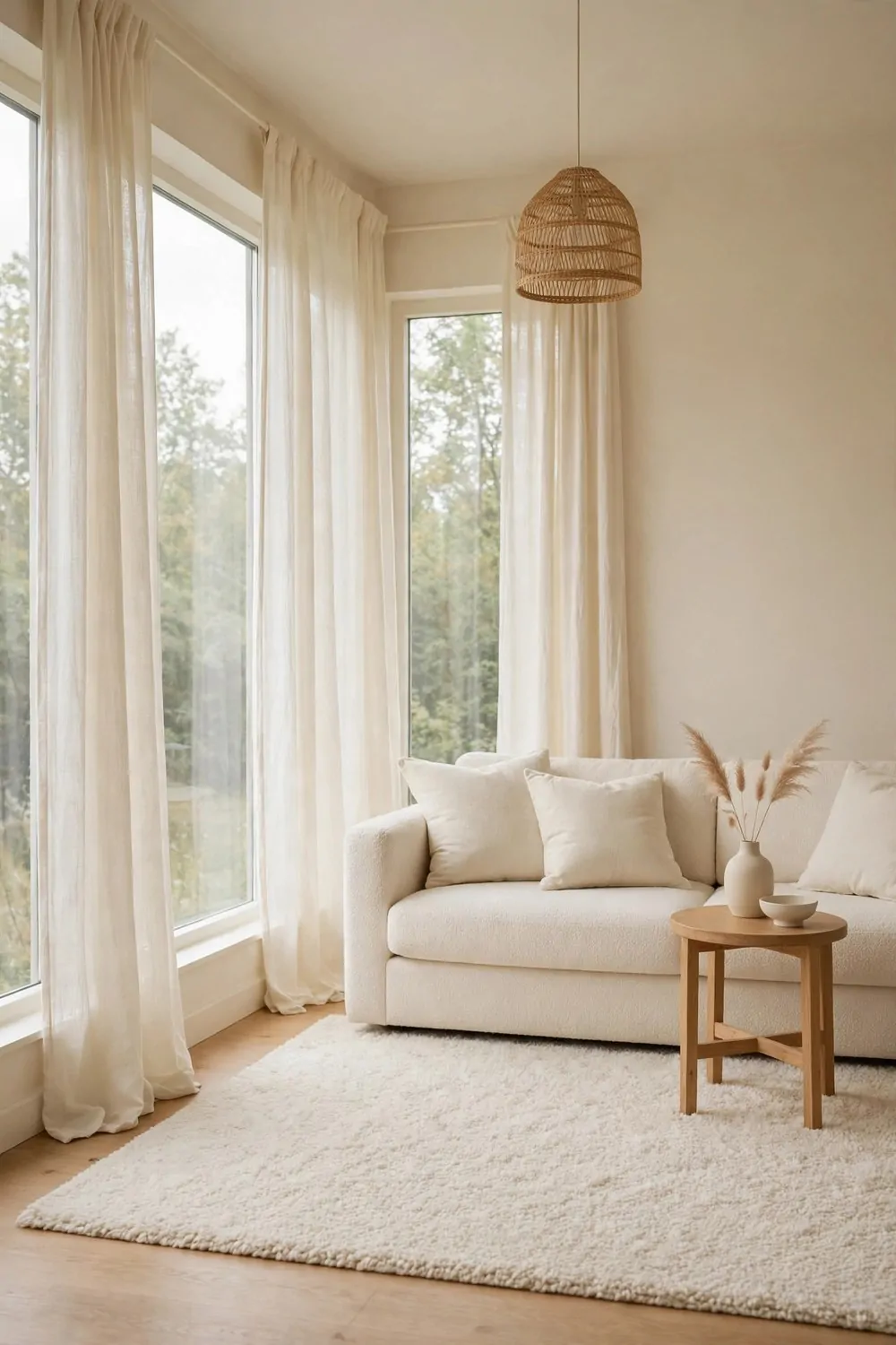 An all-cream studio interior with a cream sofa, cream rug and soft daylight