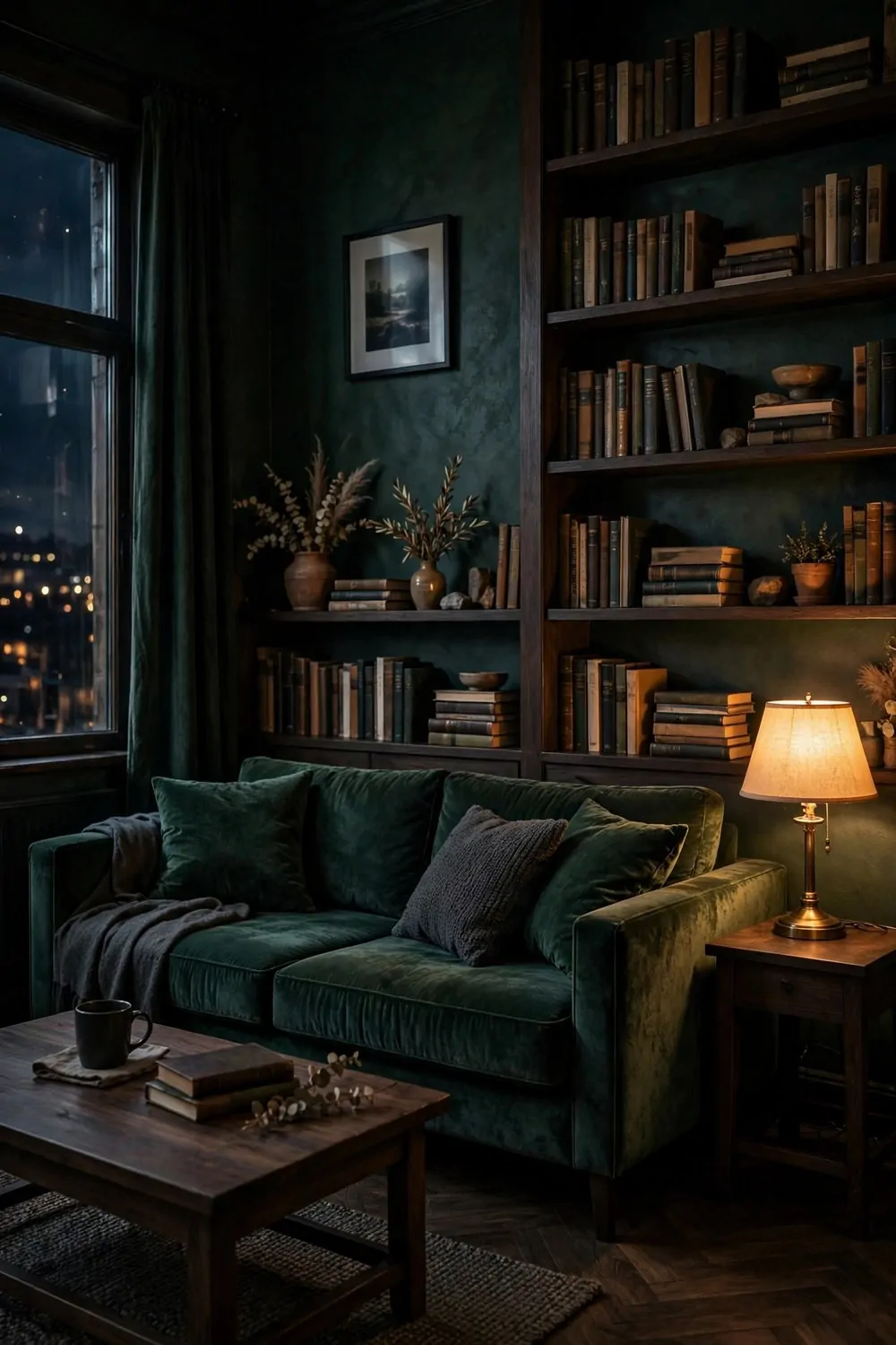 A dark and moody studio with deep green walls, a velvet sofa and one warm glowing lamp