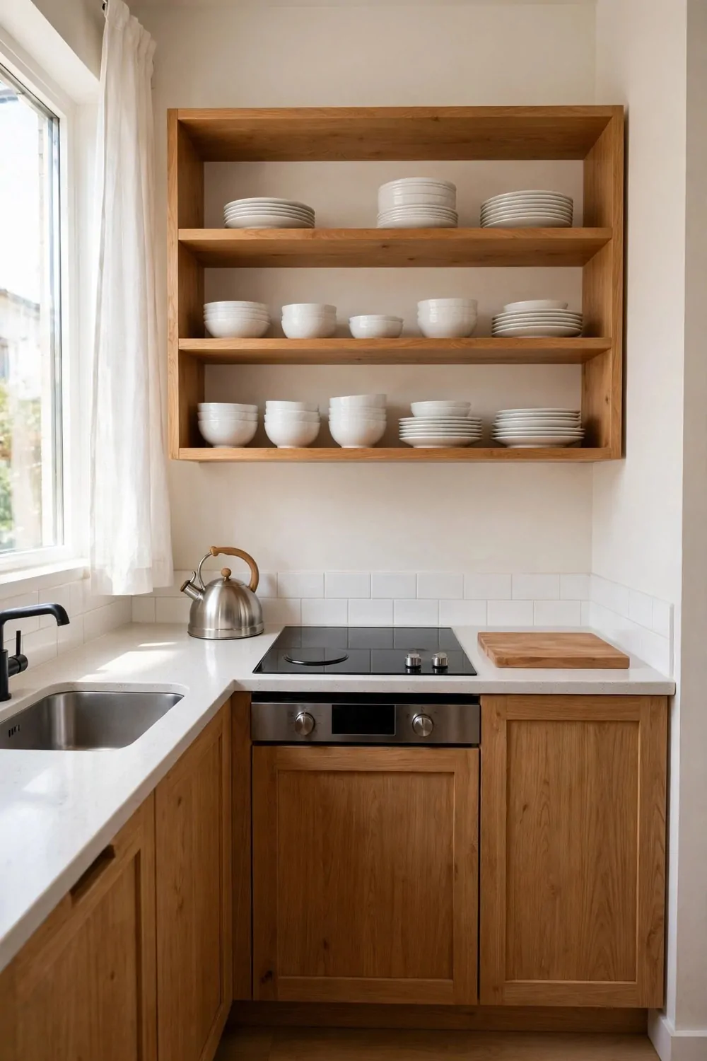 A tiny efficient kitchen in a studio with open shelves, white dishes and a clear counter