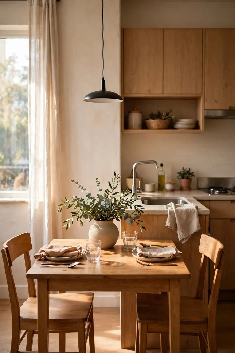 A small dining table set for two beside the kitchen area of a studio apartment