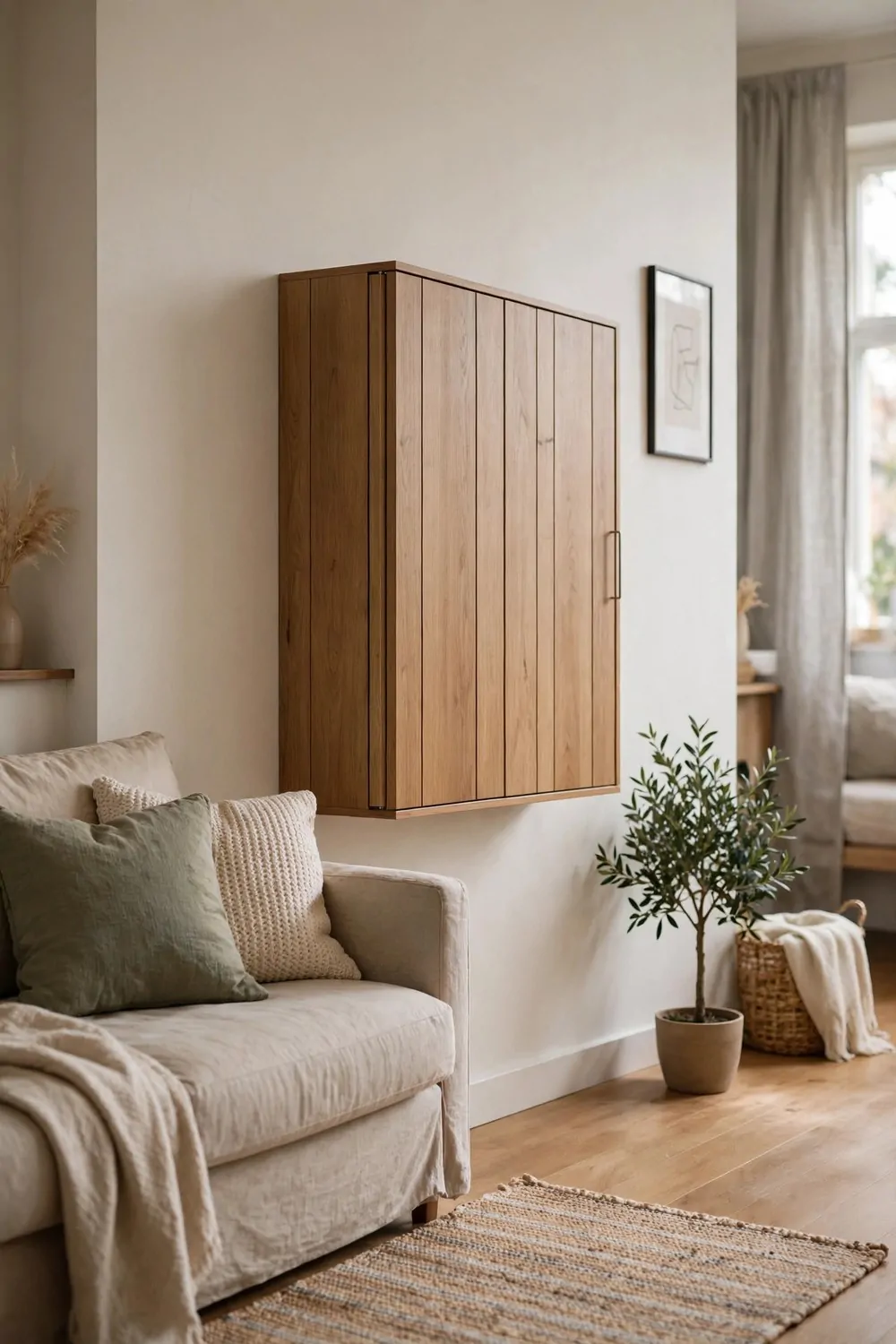A fold-away wall desk folded closed like a slim wooden cabinet in a studio living area
