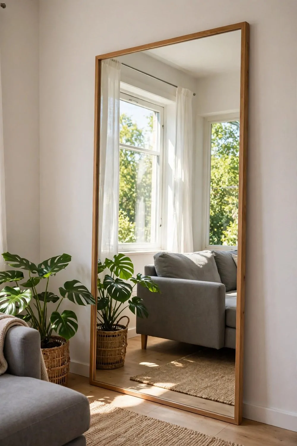 A large tall mirror on a studio wall reflecting a bright window and daylight