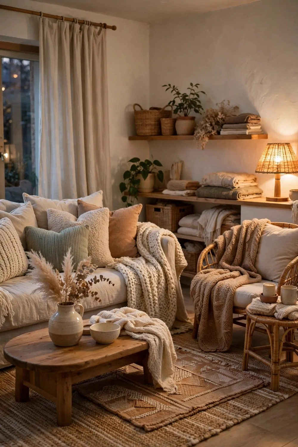A cozy studio living area layered with soft throws, plump cushions and a woven rug