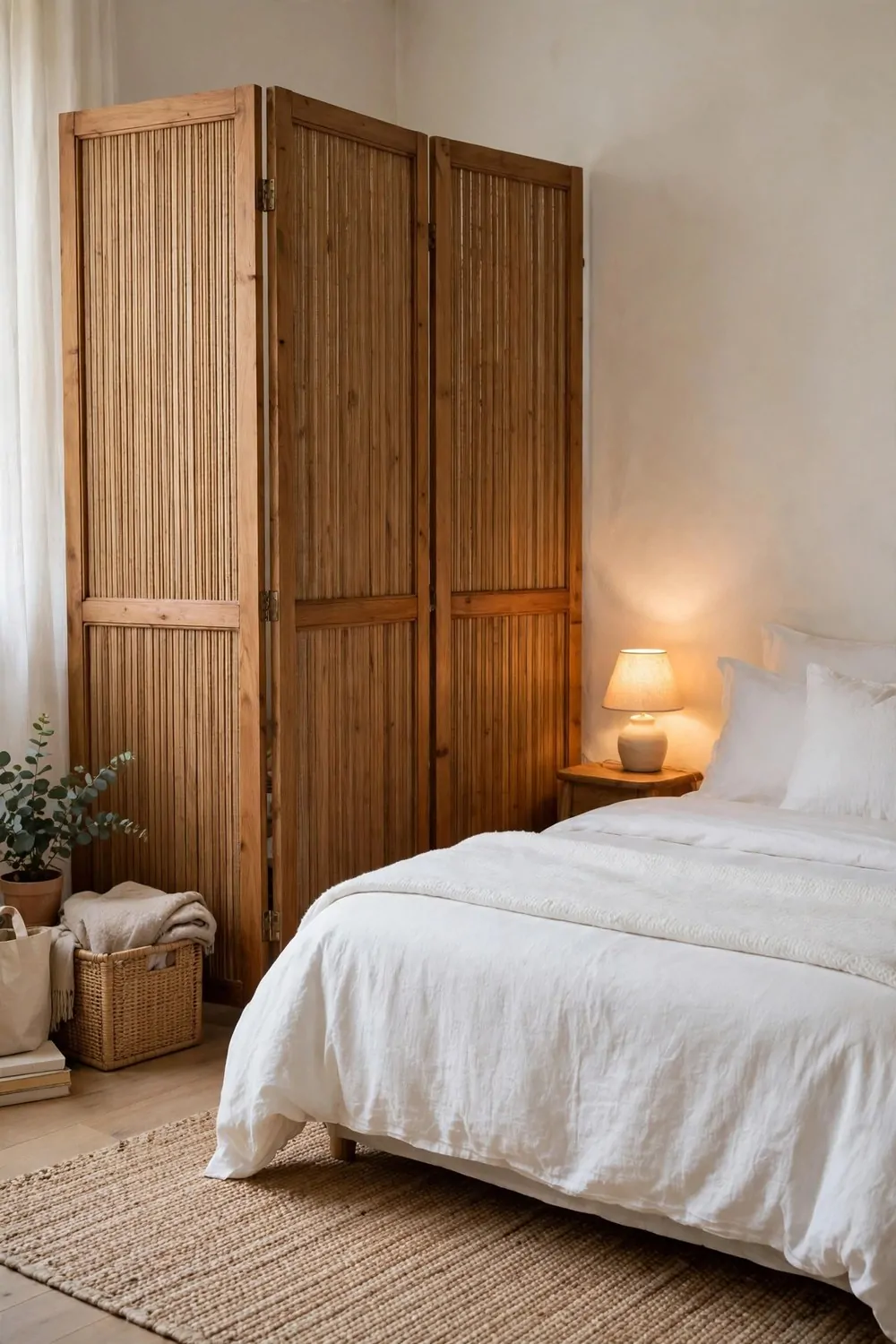 A tall wooden folding screen beside a neatly made bed in a studio apartment corner