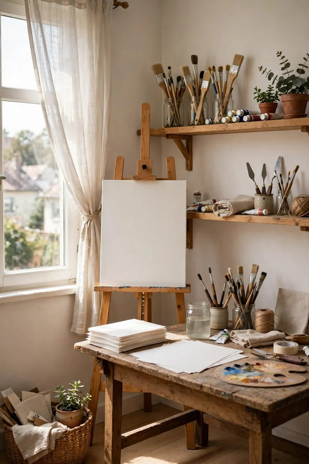 A small art corner in a studio with an easel, a blank canvas and shelves of paint supplies