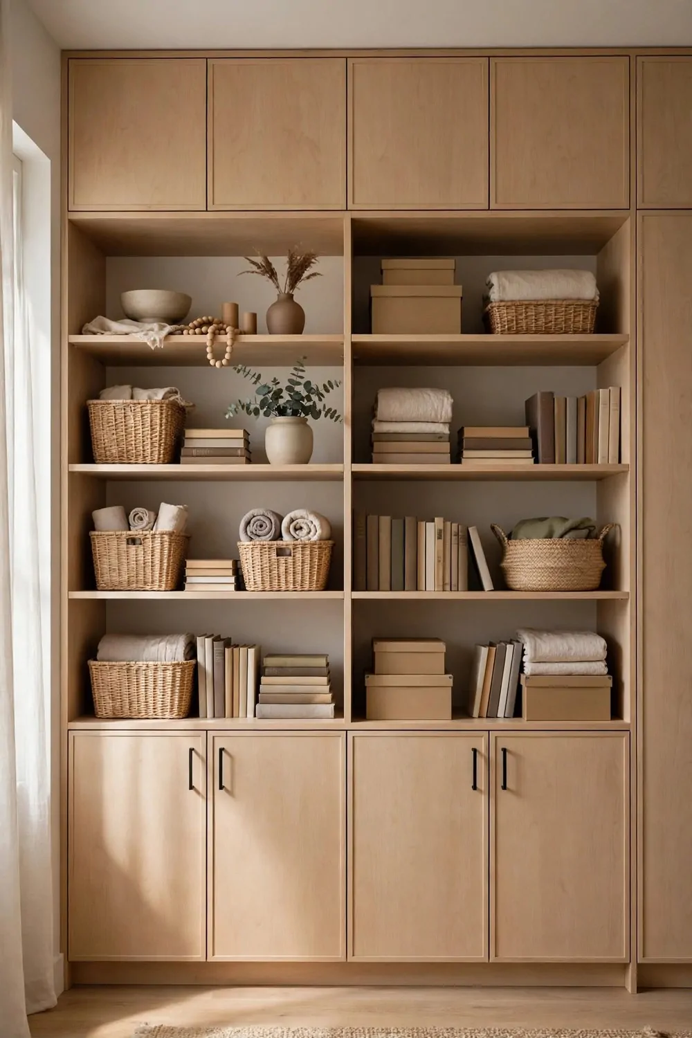 A floor-to-ceiling storage wall with cabinets, open shelves, baskets and books in a studio