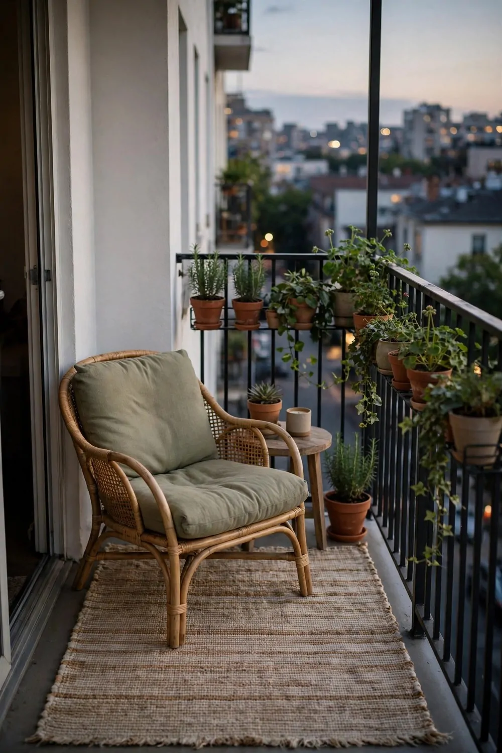 A small apartment balcony styled as an outdoor room with a rug, a chair and potted plants