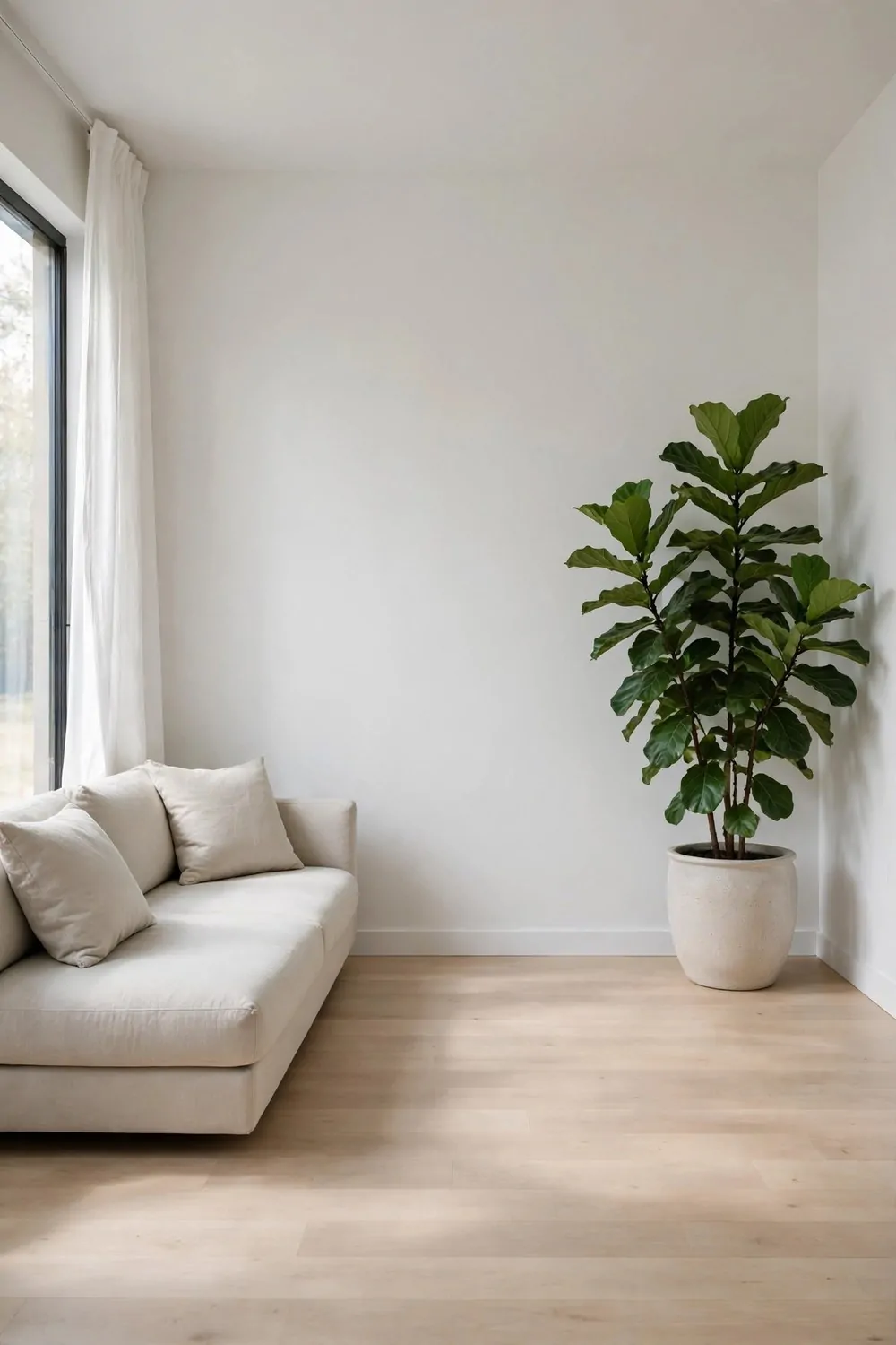 A minimal studio with one low sofa, one large potted plant and plain white walls