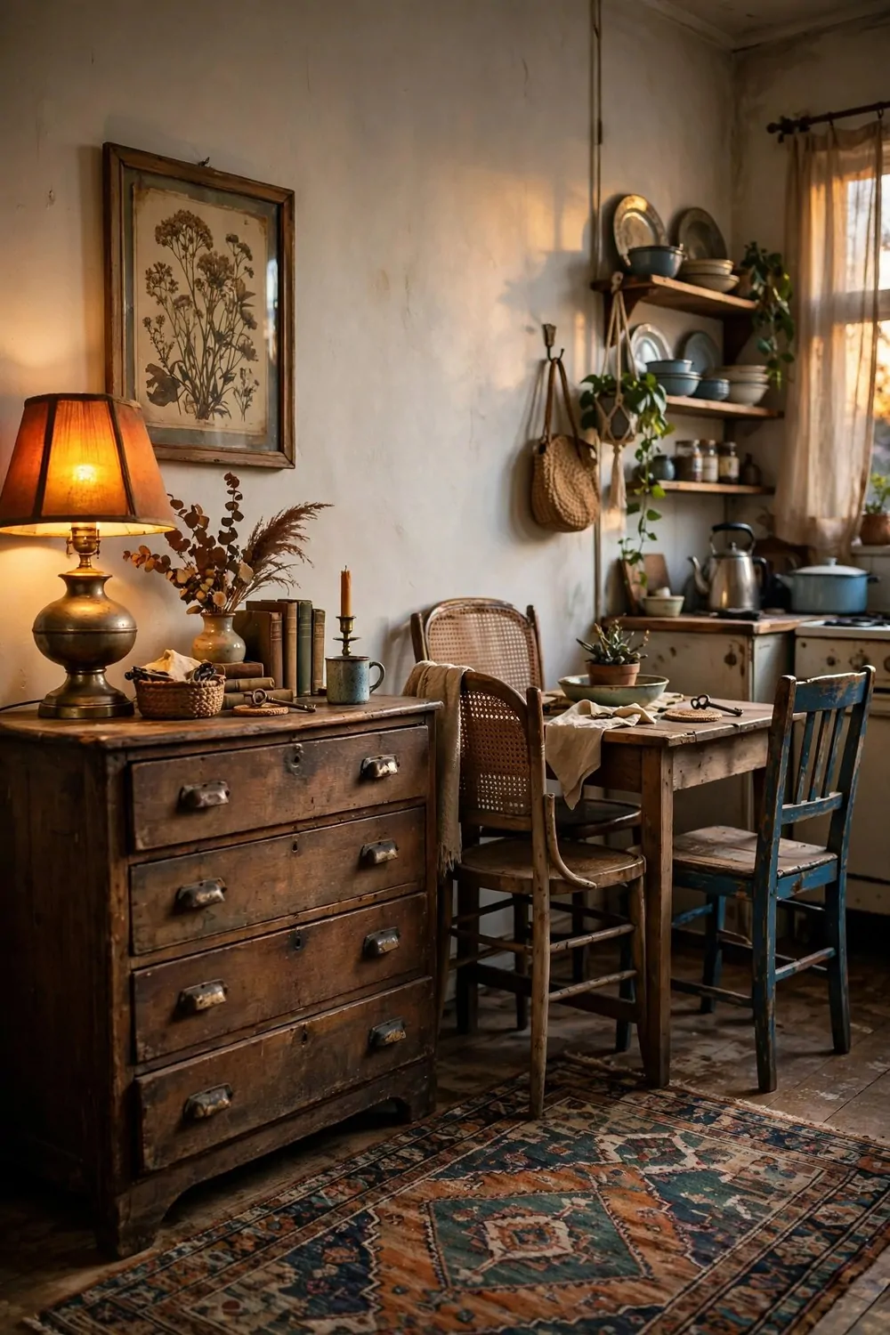 A studio styled with vintage secondhand finds, an old wooden dresser and a retro lamp