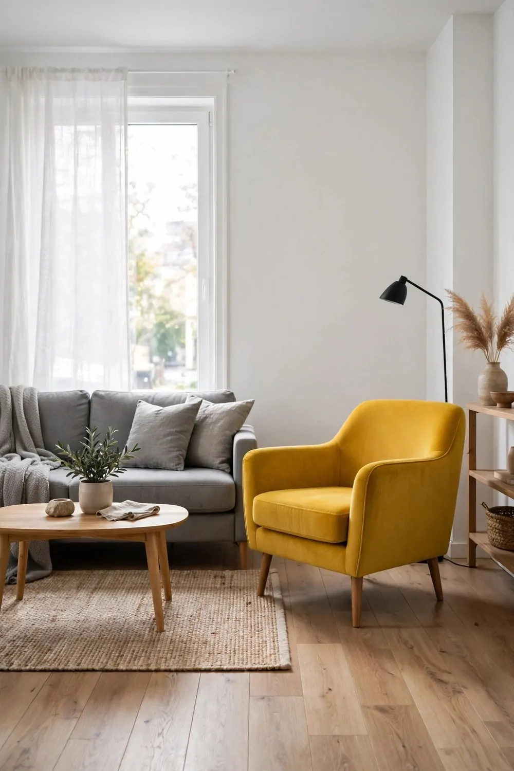 A neutral studio living area with one bold mustard yellow armchair as the only pop of color