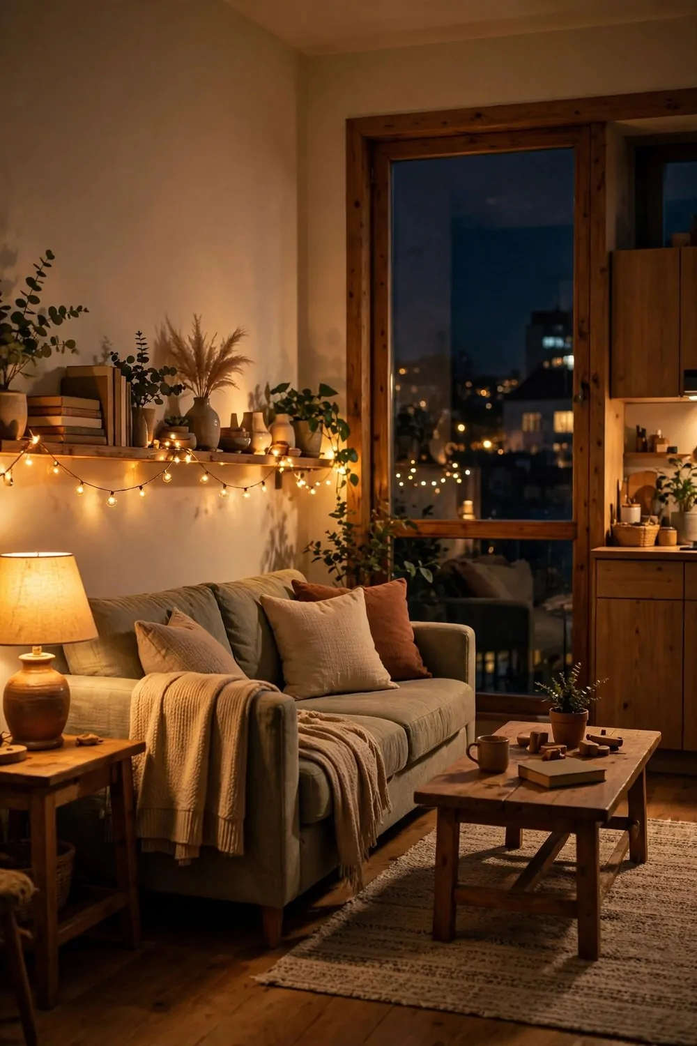 A studio apartment glowing at night with warm lamps and soft string lights
