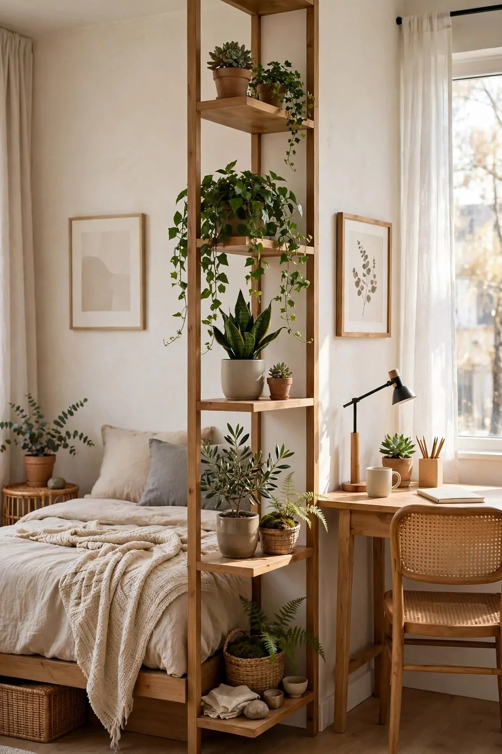 A studio split into sleep and work zones by an open bookshelf divider