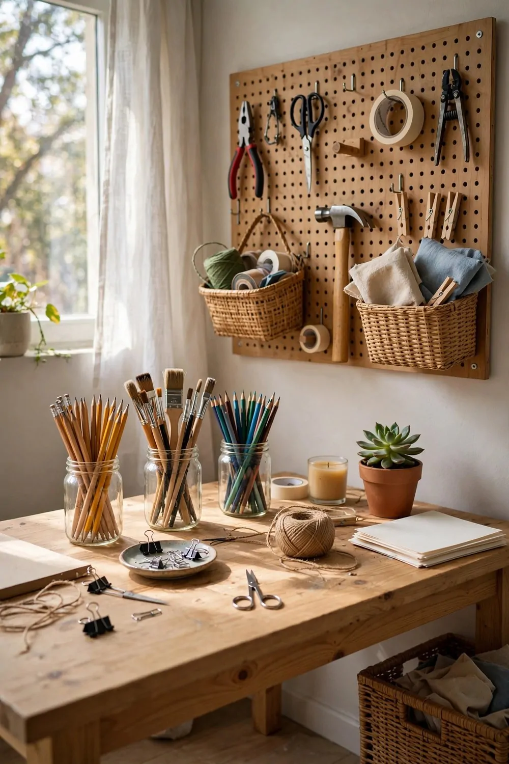 A craft corner in a studio with a wooden worktable, glass jars and a wall pegboard