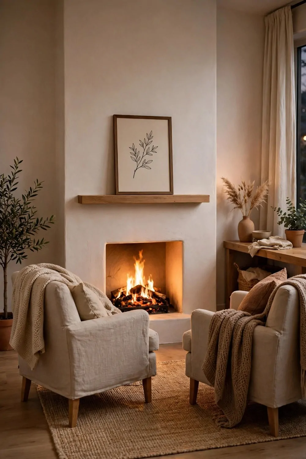 A studio living area arranged around a small fireplace with two chairs facing the fire