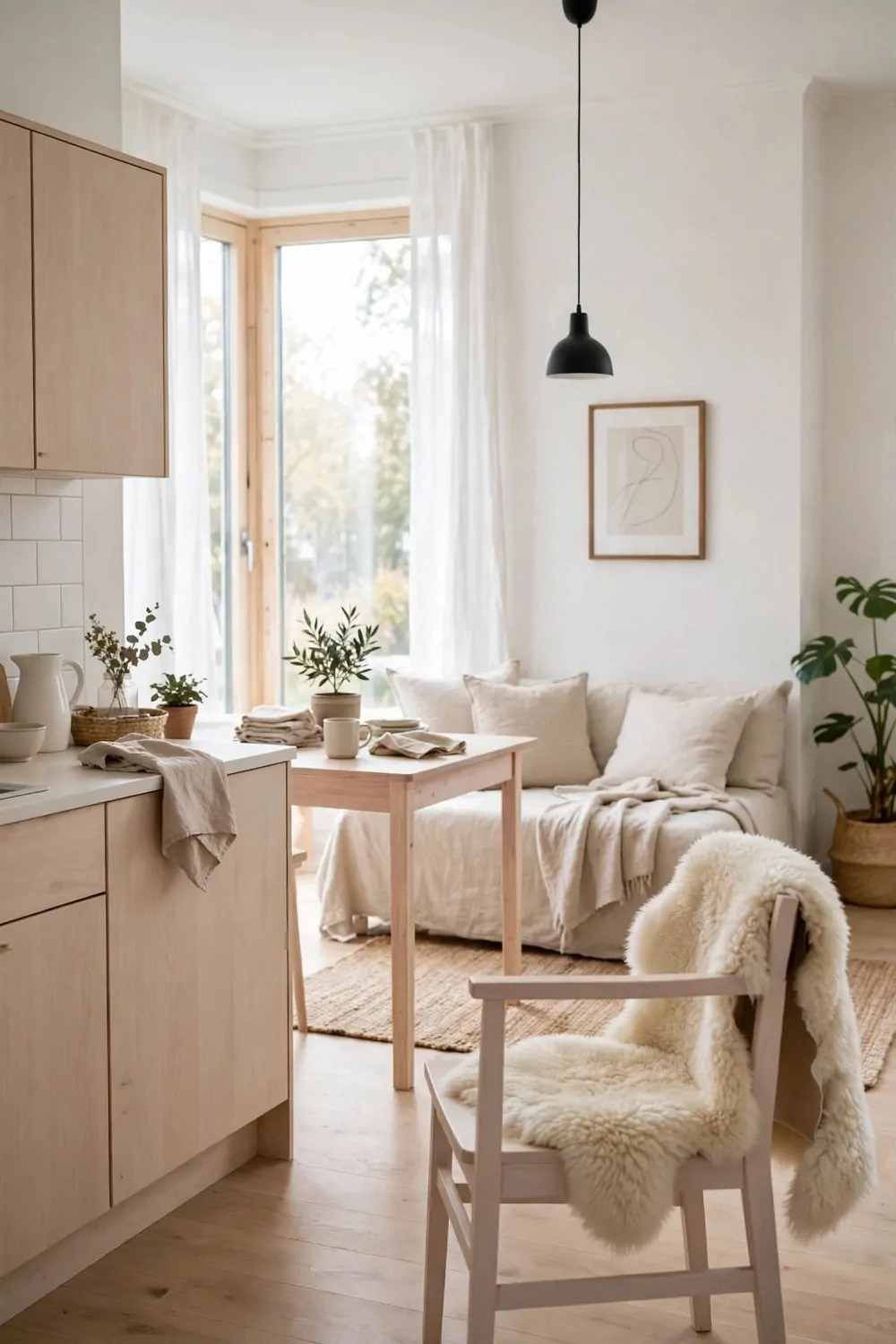 A bright Scandinavian studio with pale wood furniture, white walls and a sheepskin chair