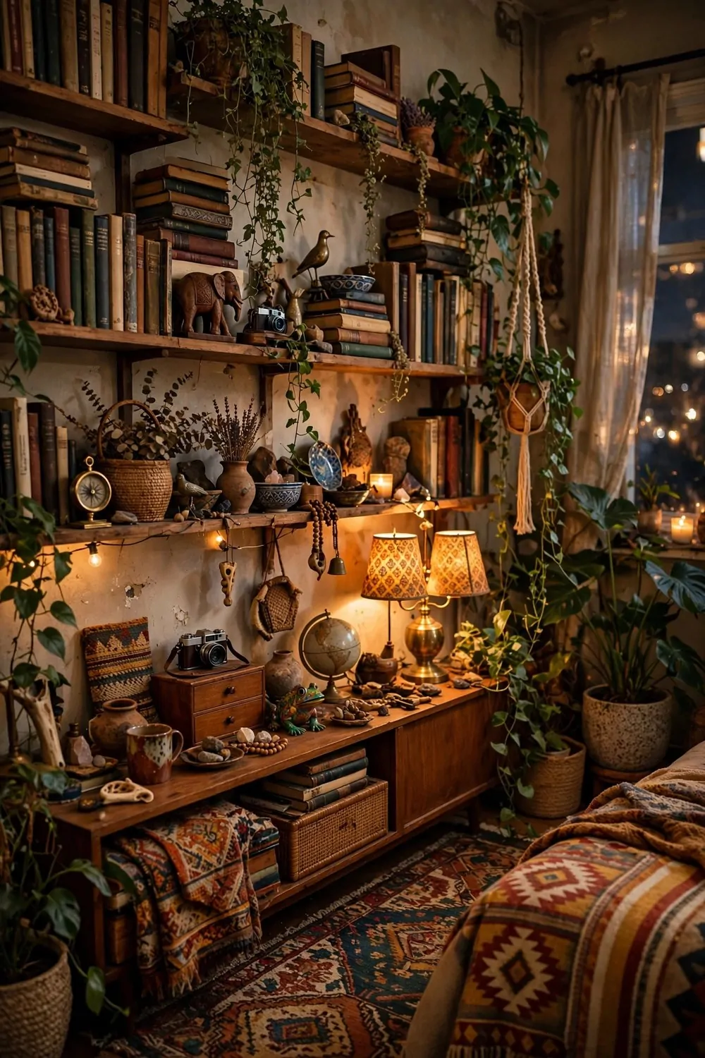 An eclectic collector studio with mixed patterns, souvenirs, books and trailing plants