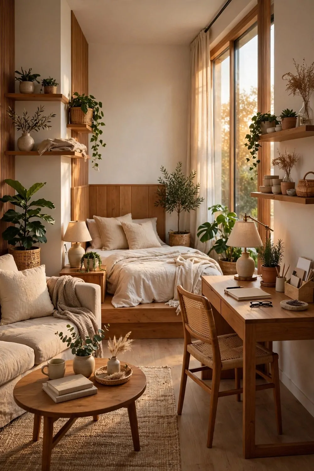 A calm organized dream studio apartment showing the living area, sleeping corner and desk at once