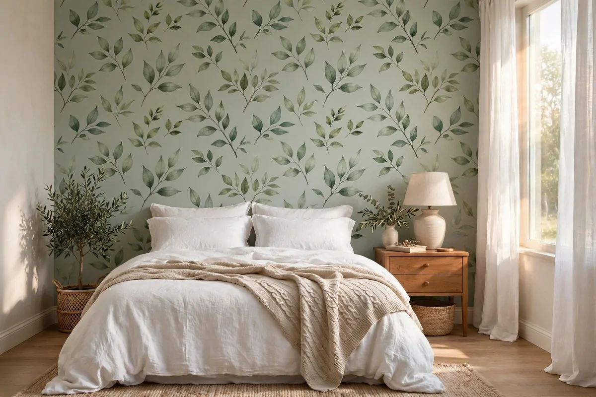 29 Home Decor Ideas Apartment Renters Can Do With No Drilling 1 Bedroom accent wall with sage-green peel-and-stick botanical wallpaper behind a bed with white bedding