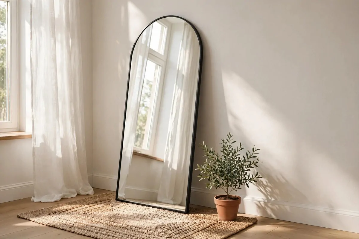 29 Home Decor Ideas Apartment Renters Can Do With No Drilling 2 Tall arched mirror leaning against a living room wall in a bright corner