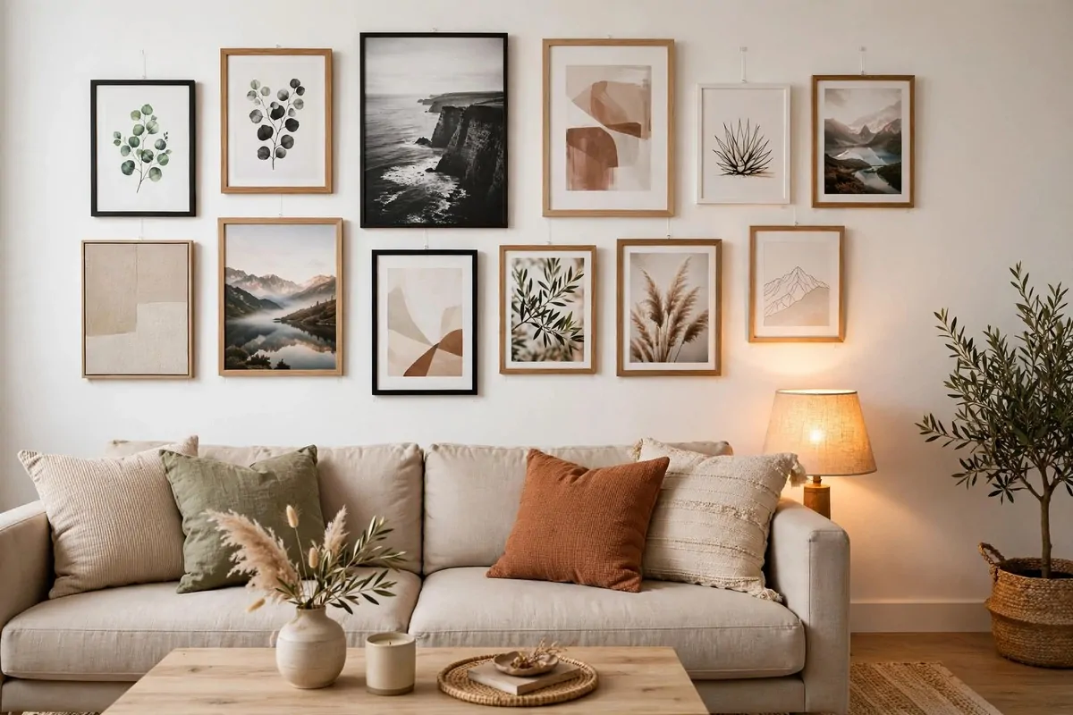 29 Home Decor Ideas Apartment Renters Can Do With No Drilling 3 Gallery wall of framed art prints on a white wall above a beige sofa