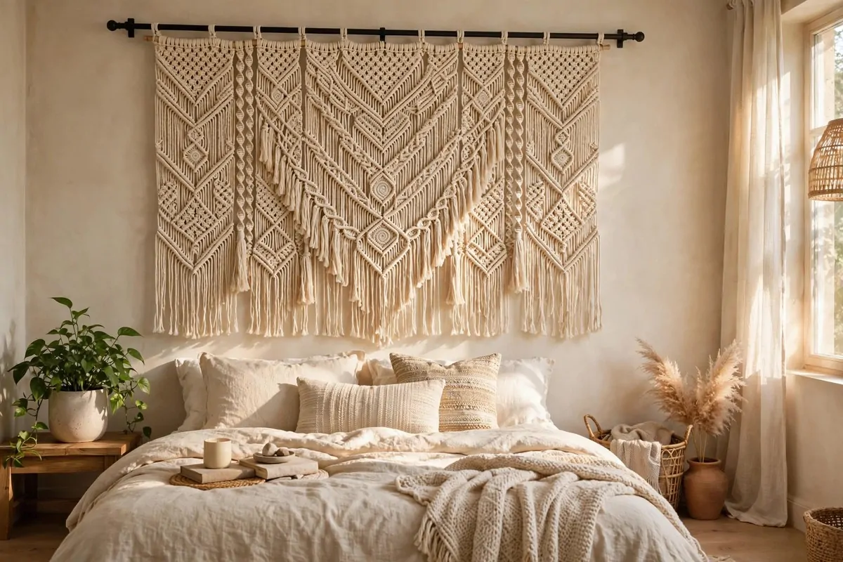 29 Home Decor Ideas Apartment Renters Can Do With No Drilling 4 Woven tapestry hanging from a tension rod above a bed in a boho bedroom