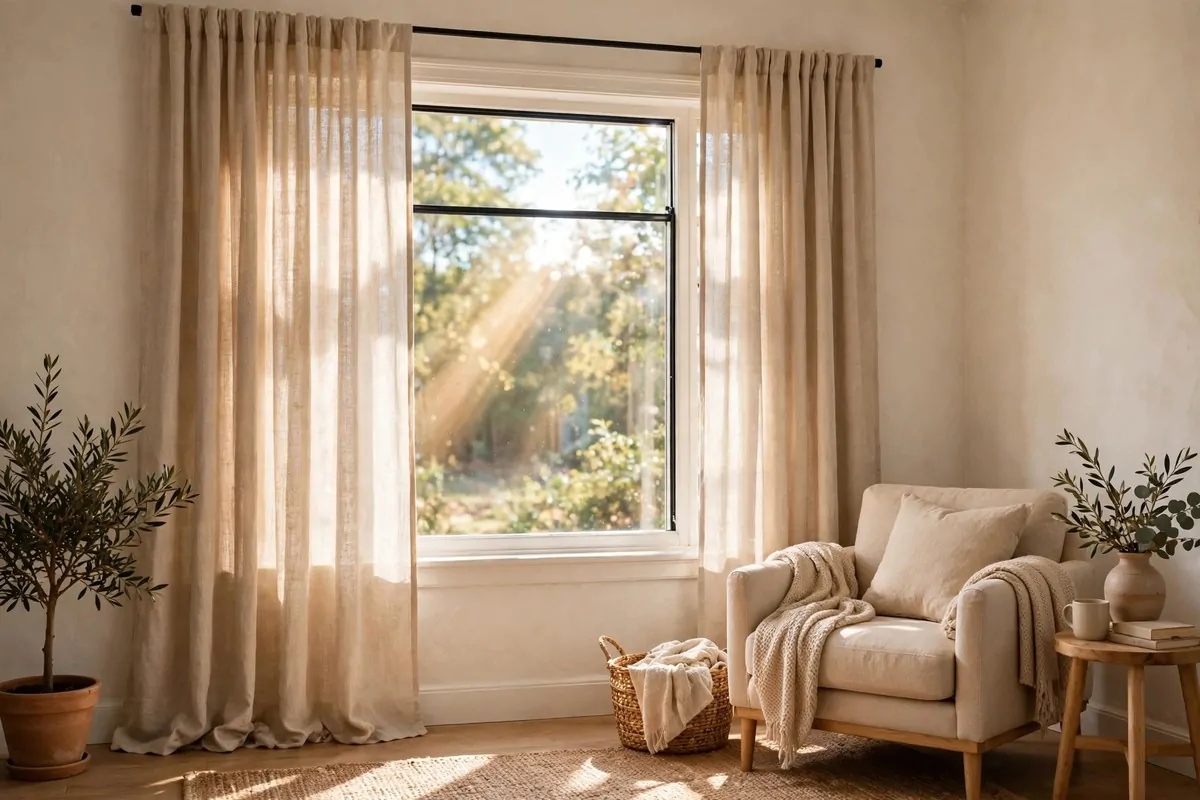29 Home Decor Ideas Apartment Renters Can Do With No Drilling 5 Linen curtains on a tension rod inside a bright living room window