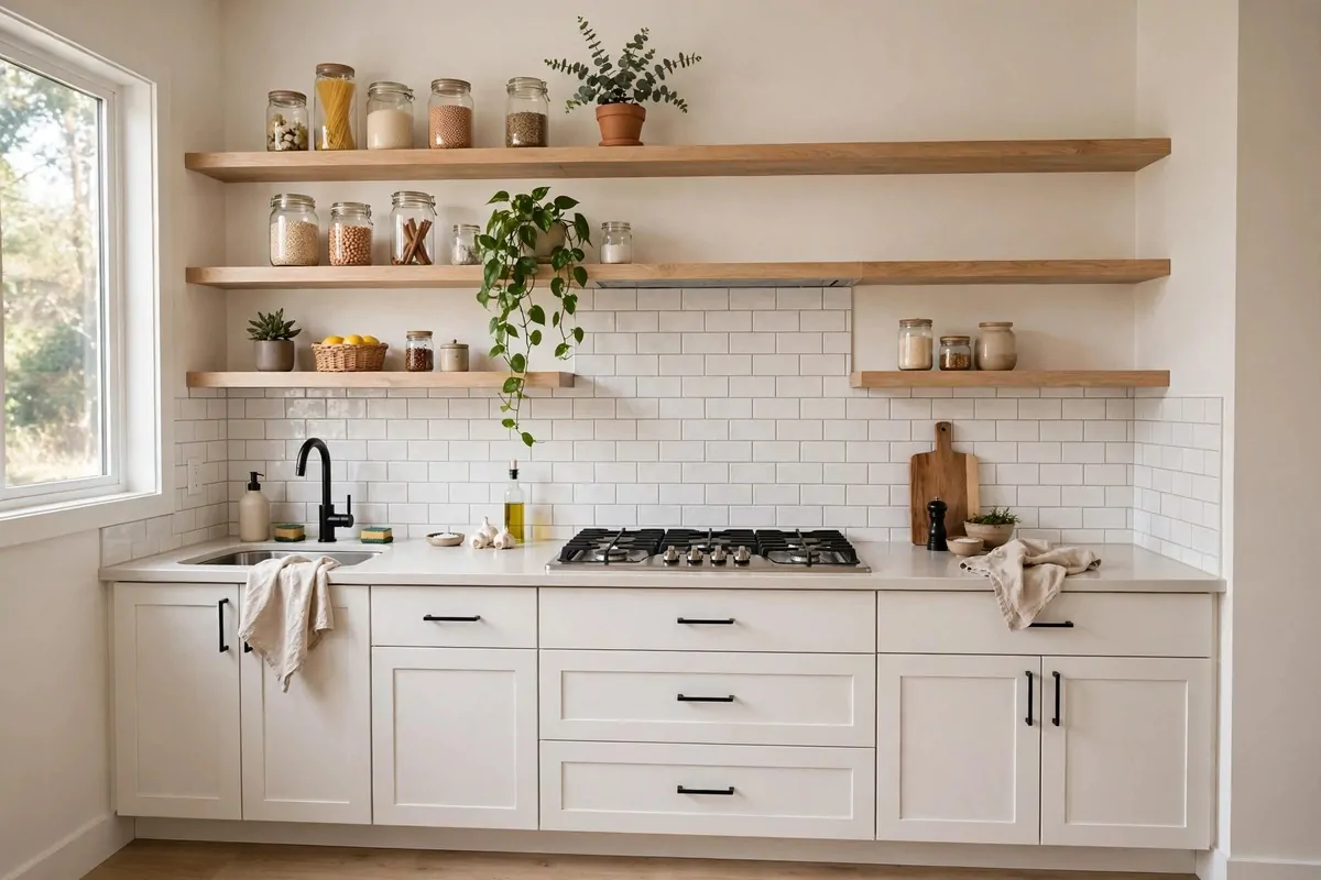 29 Home Decor Ideas Apartment Renters Can Do With No Drilling 6 Kitchen with peel-and-stick white subway tile backsplash behind the stove