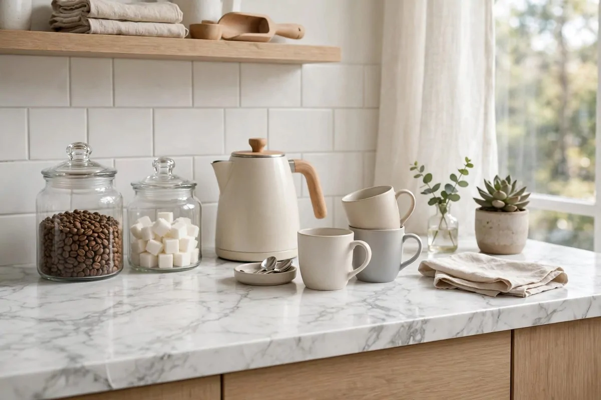 29 Home Decor Ideas Apartment Renters Can Do With No Drilling 7 Kitchen countertop covered in marble-pattern contact paper with a styled coffee station