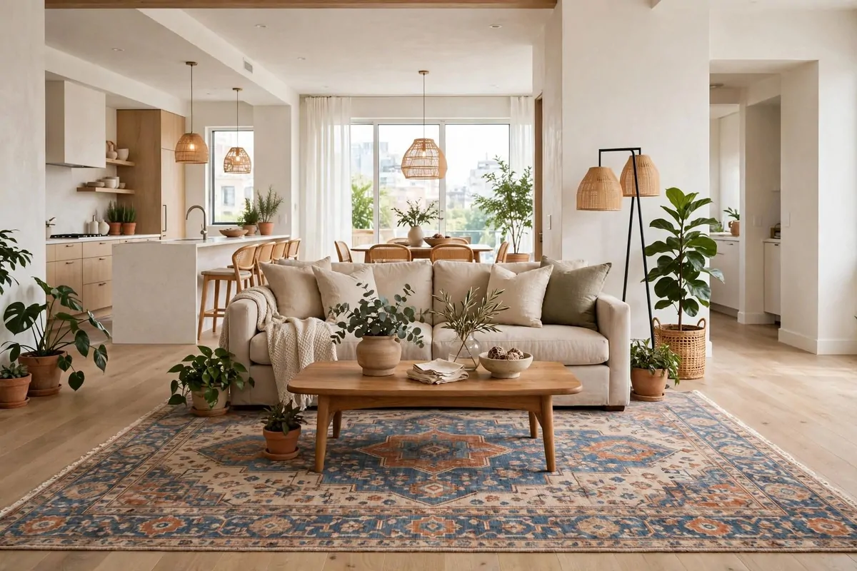 29 Home Decor Ideas Apartment Renters Can Do With No Drilling 8 Living room with a large patterned rug under the sofa and coffee table
