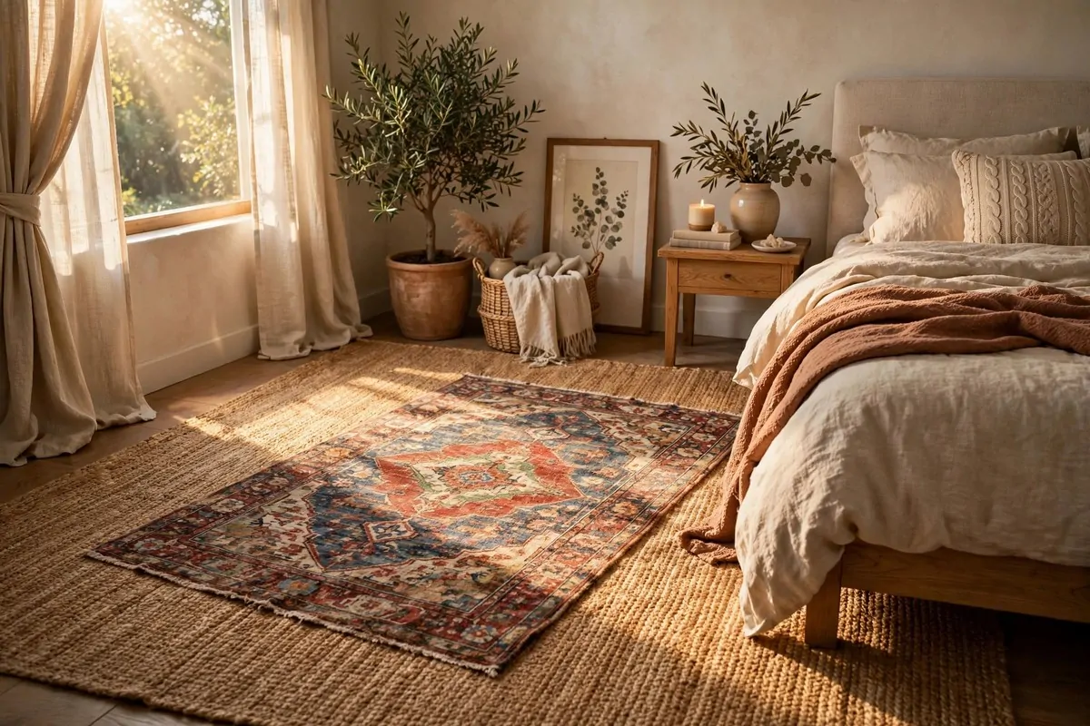 29 Home Decor Ideas Apartment Renters Can Do With No Drilling 9 Bedroom with layered jute and patterned rugs beside the bed