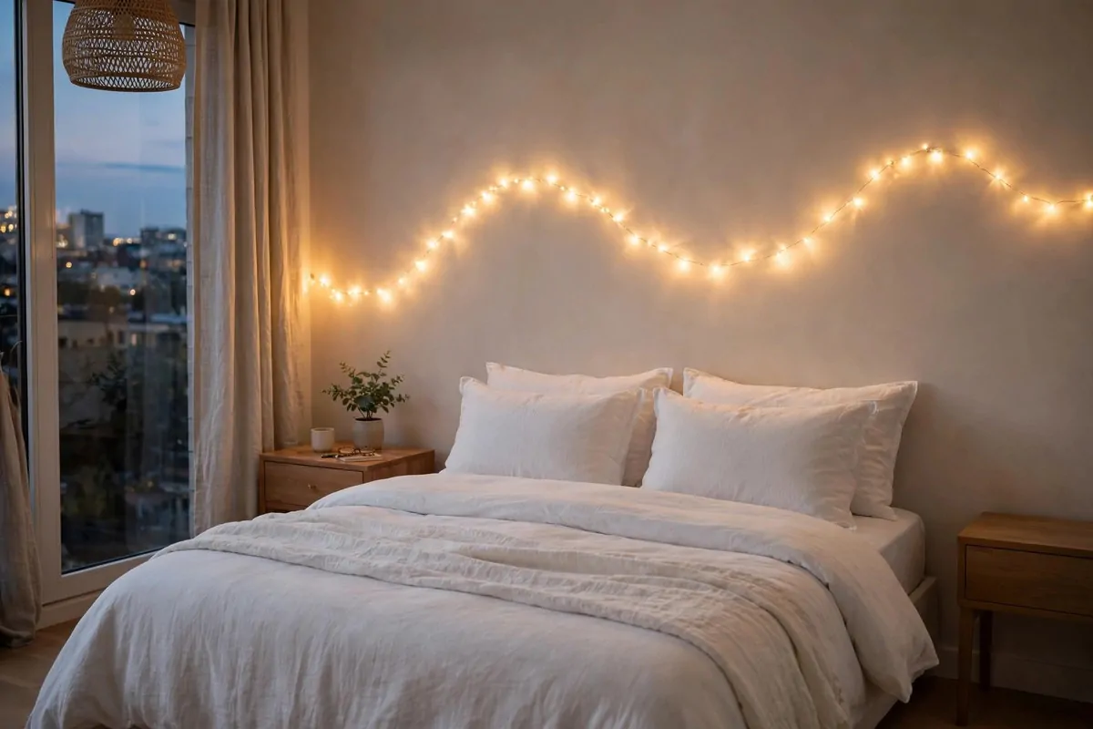 29 Home Decor Ideas Apartment Renters Can Do With No Drilling 10 Bedroom wall with warm fairy string lights draped in a soft wave above the bed