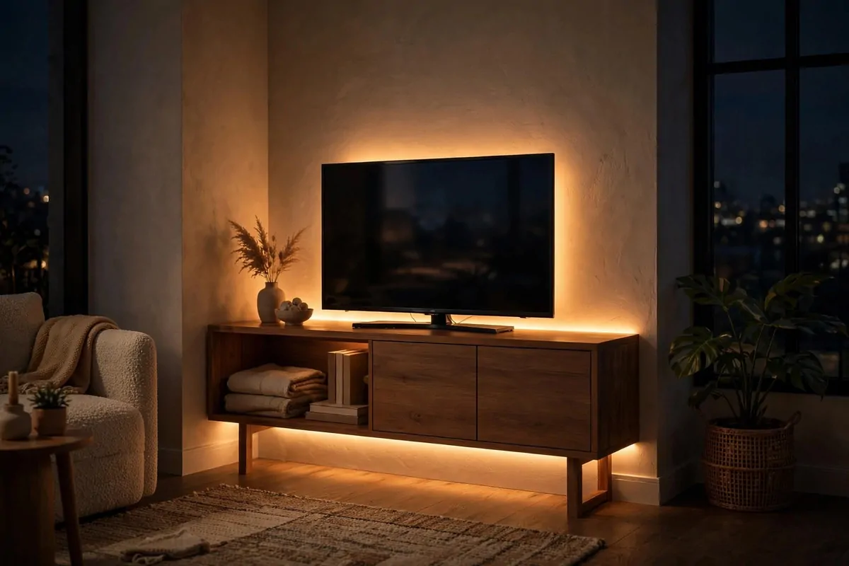 29 Home Decor Ideas Apartment Renters Can Do With No Drilling 11 Living room at night with warm LED strip lights glowing behind the TV console