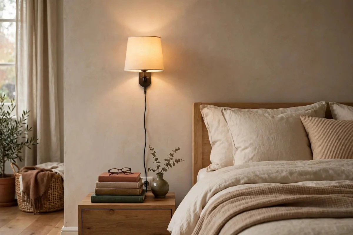 29 Home Decor Ideas Apartment Renters Can Do With No Drilling 12 Bedroom with a plug-in wall sconce glowing beside the bed