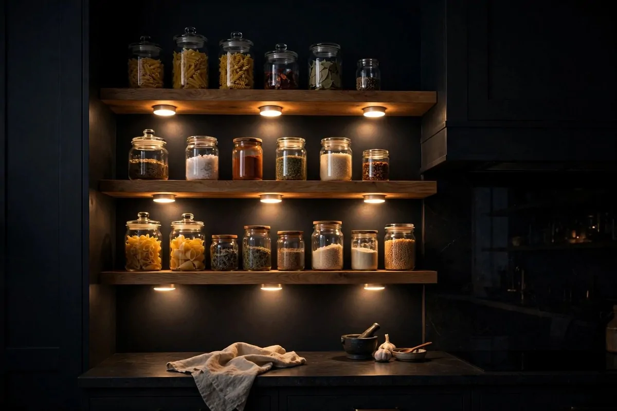 29 Home Decor Ideas Apartment Renters Can Do With No Drilling 13 Kitchen shelves lit by small warm battery puck lights at night