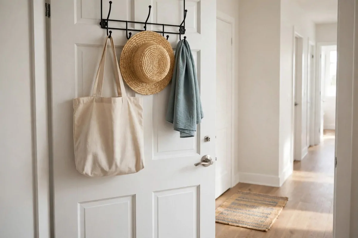 29 Home Decor Ideas Apartment Renters Can Do With No Drilling 15 Over-the-door hooks on a white door holding a tote bag, hat and scarf