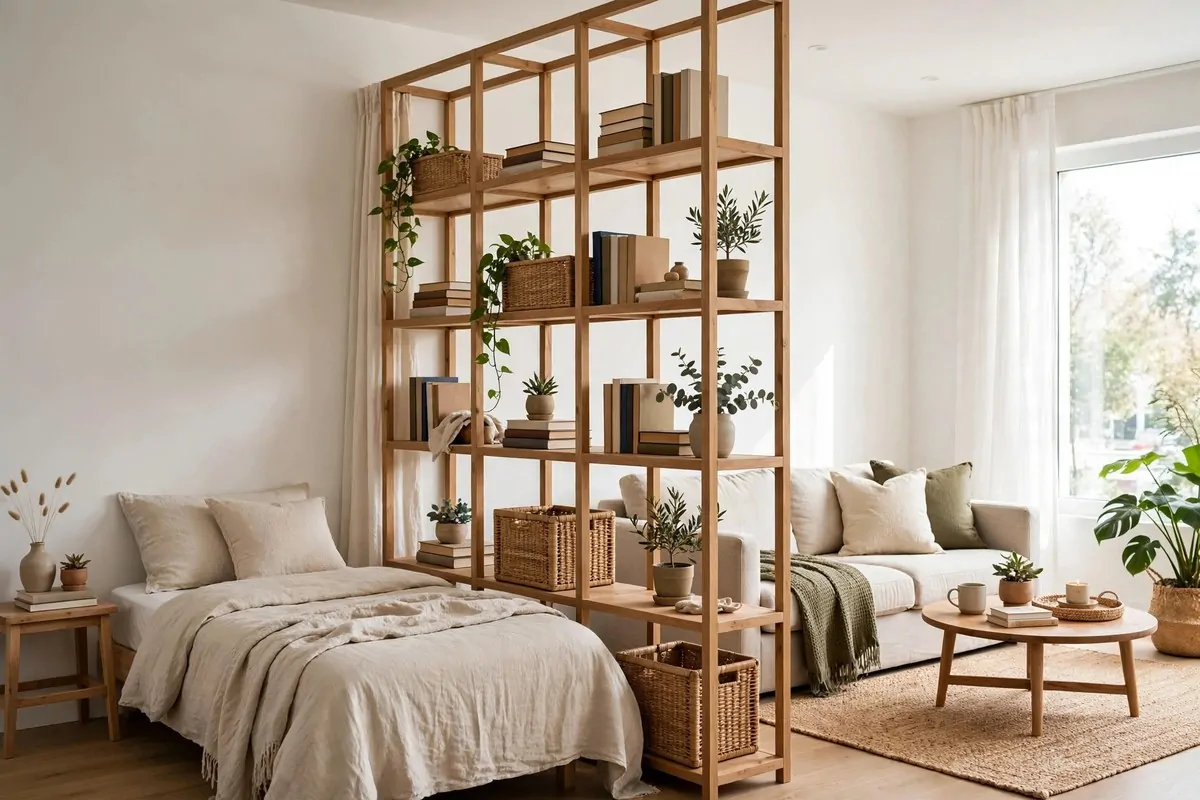 29 Home Decor Ideas Apartment Renters Can Do With No Drilling 16 Open bookshelf dividing a studio apartment into sleeping and living areas