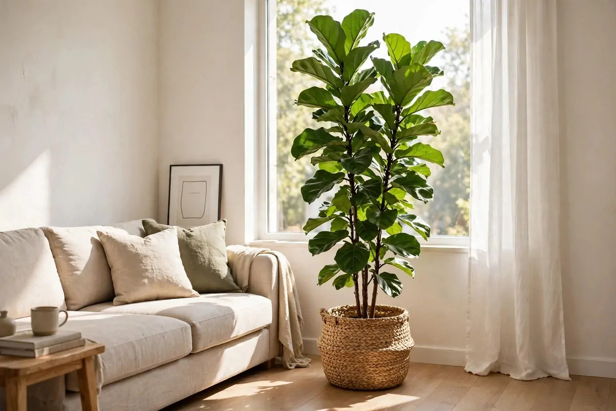 29 Home Decor Ideas Apartment Renters Can Do With No Drilling 17 Tall fiddle leaf fig in a woven basket in a bright living room corner