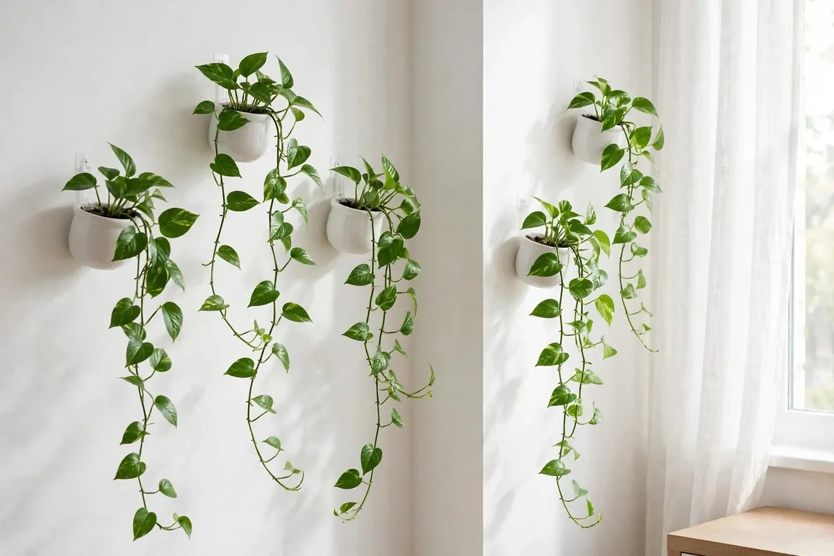 29 Home Decor Ideas Apartment Renters Can Do With No Drilling 18 Small white planters with trailing pothos on a wall with adhesive hooks