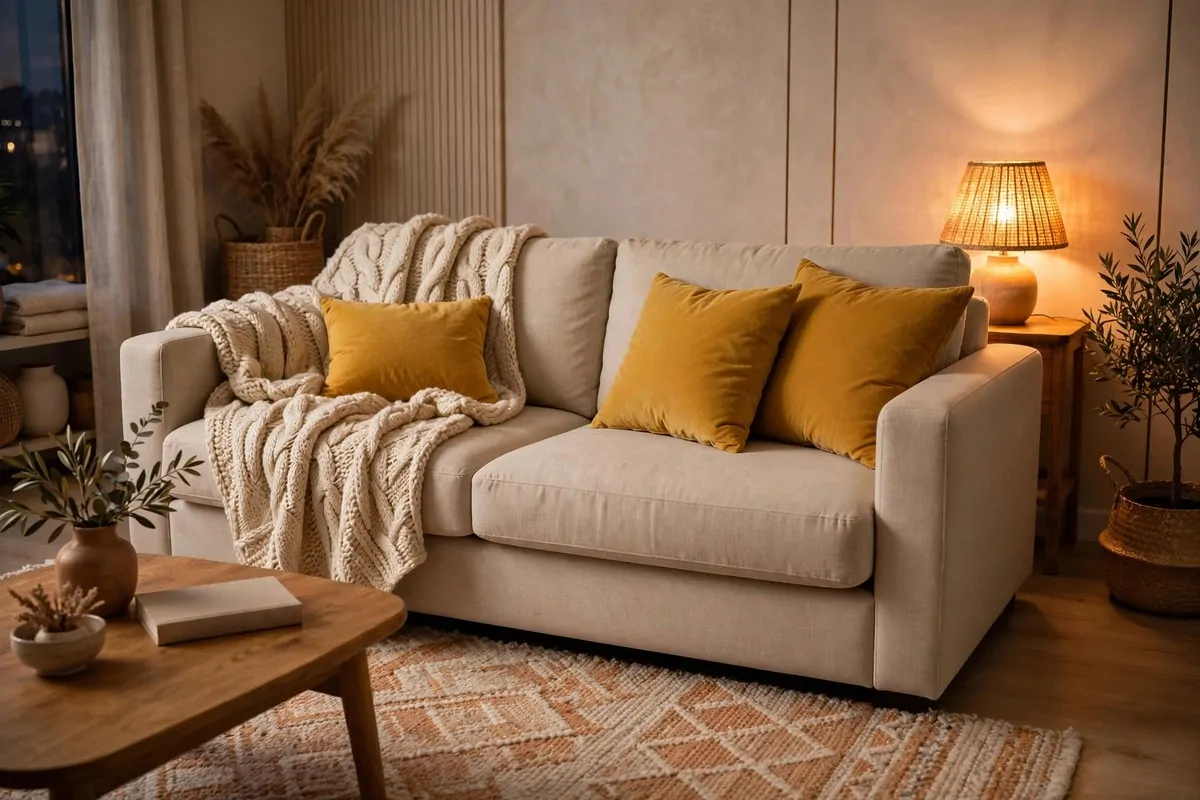 29 Home Decor Ideas Apartment Renters Can Do With No Drilling 19 Beige sofa styled with a chunky knit throw and mustard cushions