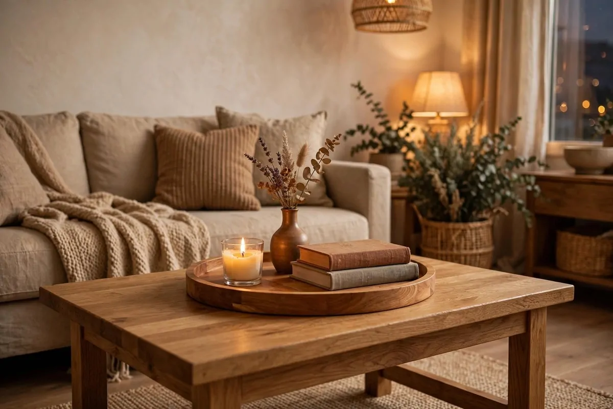29 Home Decor Ideas Apartment Renters Can Do With No Drilling 20 Wooden tray on a coffee table with a candle, bud vase and stacked books