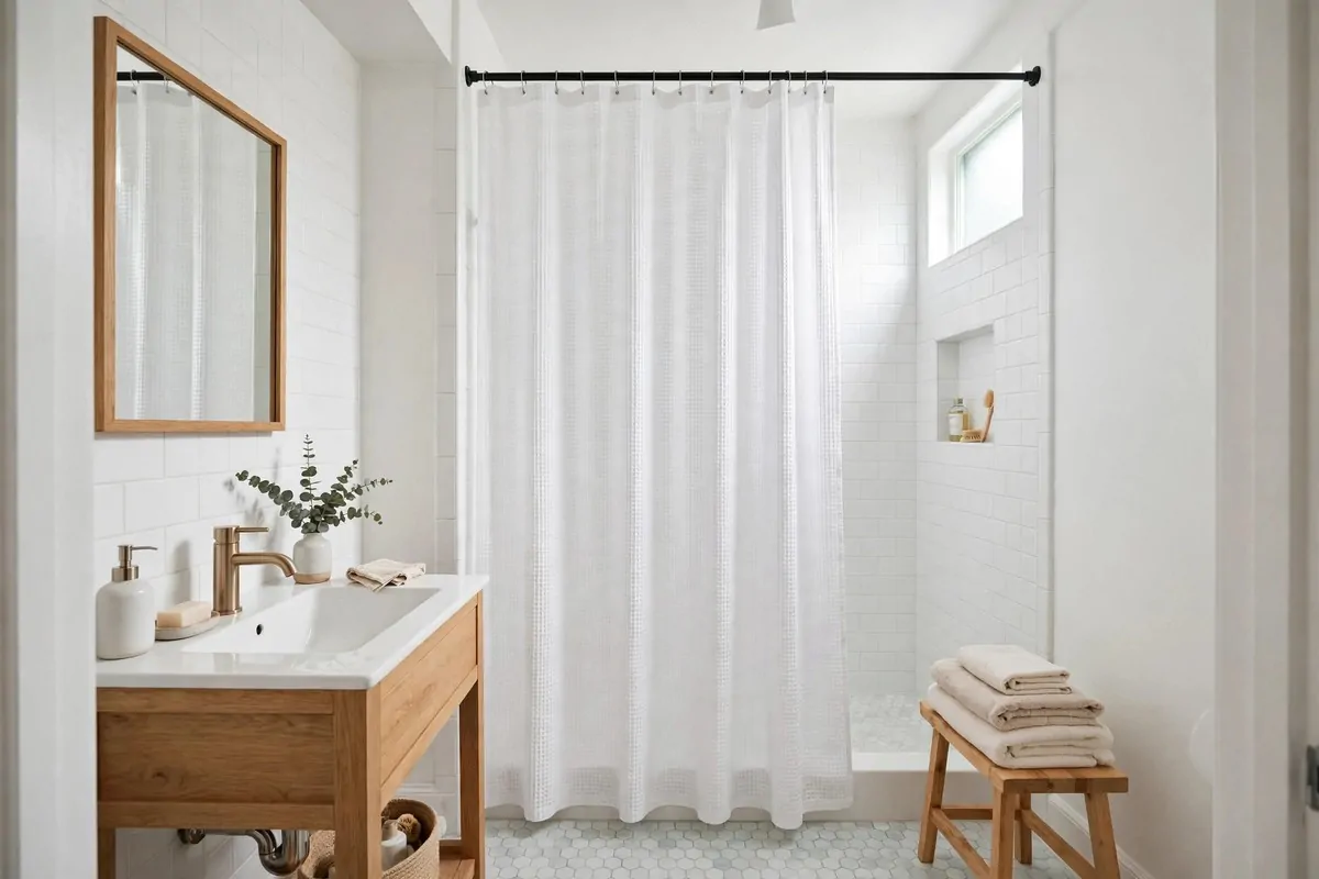 29 Home Decor Ideas Apartment Renters Can Do With No Drilling 21 Bright bathroom with an extra-tall white shower curtain hung high on a tension rod