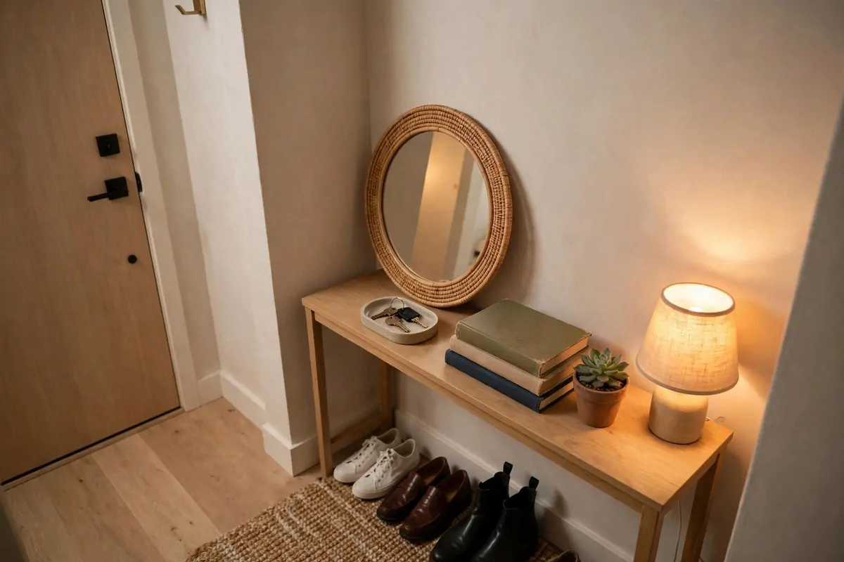 29 Home Decor Ideas Apartment Renters Can Do With No Drilling 23 Entryway console table styled as a drop zone with key tray, books and leaning mirror
