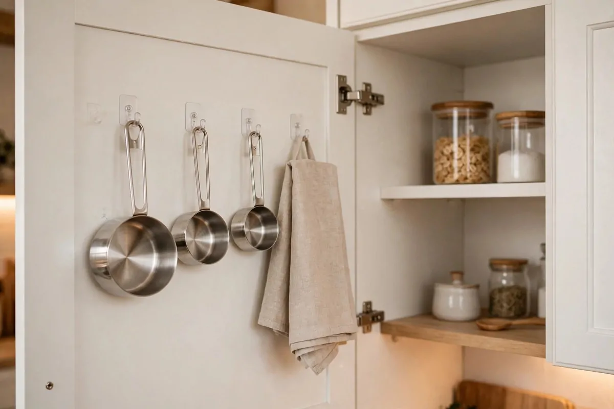 29 Home Decor Ideas Apartment Renters Can Do With No Drilling 24 Inside of a kitchen cabinet door with adhesive hooks holding cups and a towel