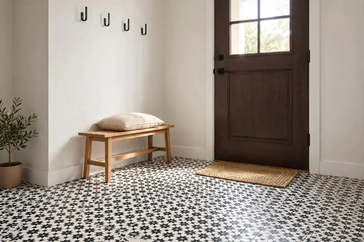 29 Home Decor Ideas Apartment Renters Can Do With No Drilling 25 Entryway floor with peel-and-stick patterned vinyl tiles and a woven mat