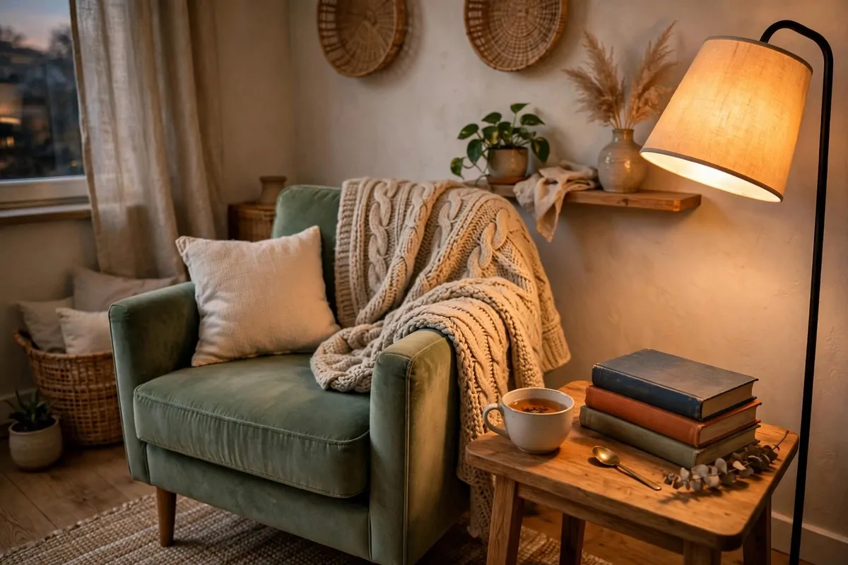 29 Home Decor Ideas Apartment Renters Can Do With No Drilling 26 Armchair with a chunky knit throw draped over the back in a reading corner