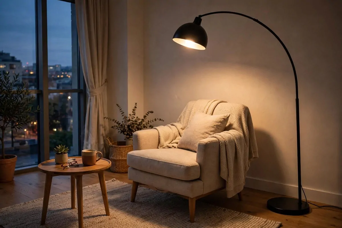 29 Home Decor Ideas Apartment Renters Can Do With No Drilling 27 Arc floor lamp curving over a reading chair in a living room at dusk