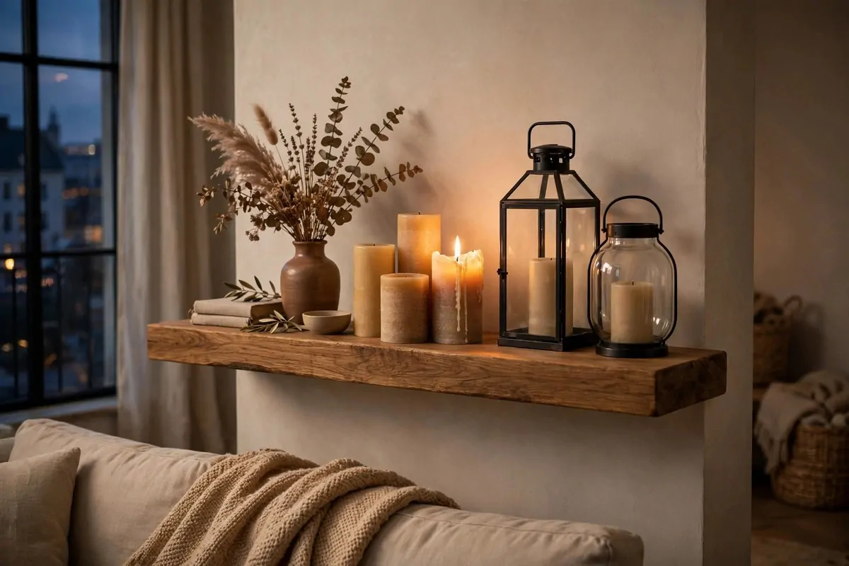29 Home Decor Ideas Apartment Renters Can Do With No Drilling 28 Wooden shelf with a cluster of pillar candles and glass lanterns glowing