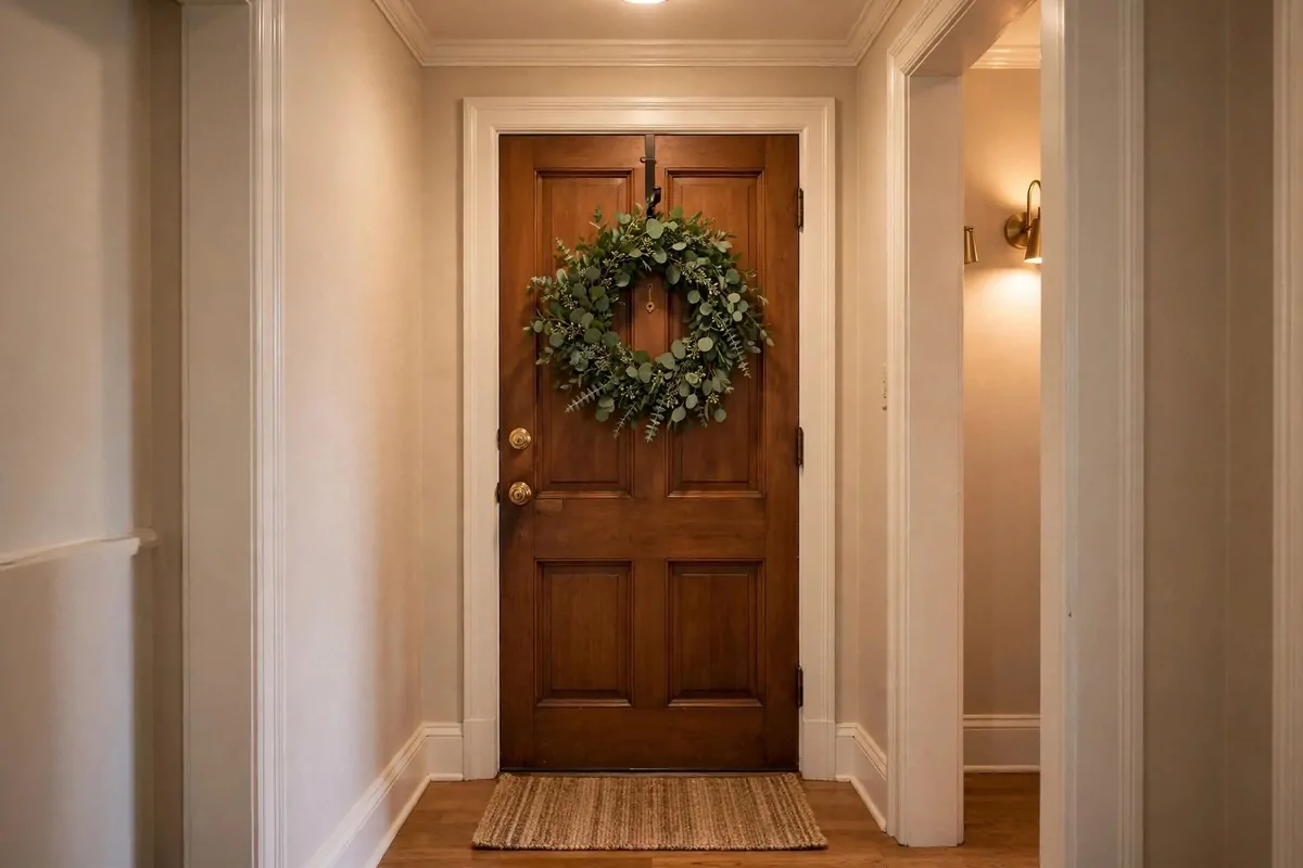 29 Home Decor Ideas Apartment Renters Can Do With No Drilling 29 Apartment front door with a green eucalyptus wreath on an over-the-door hook